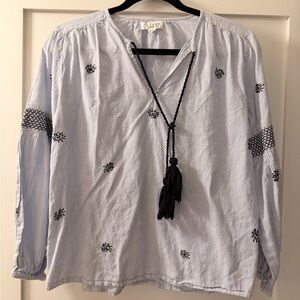 Velvet Light Blue Embroidered Peasant Blouse with Black Tassel
